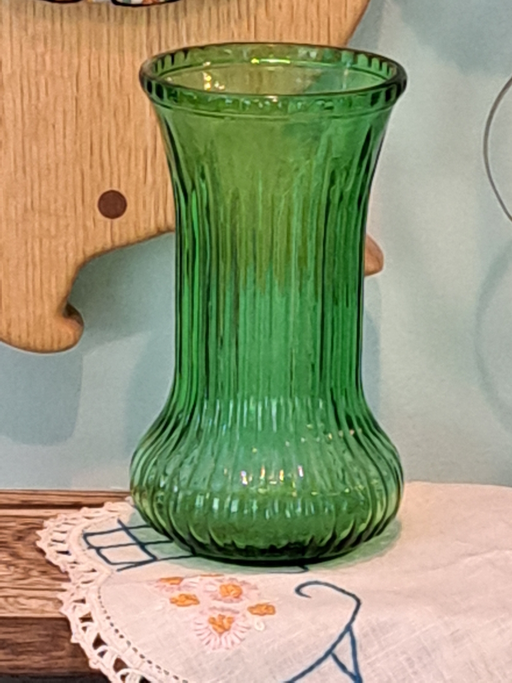 Vintage Green Ribbed Glass Vase #26 - Decorative Home Accent